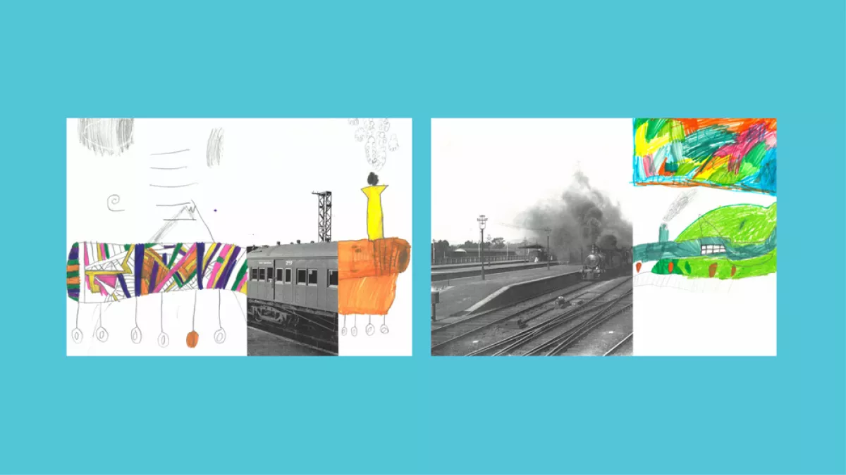 Sections of photos of trains, with the rest of the image drawn by children.