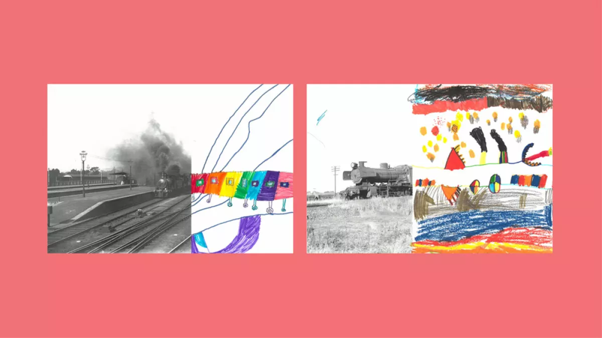 Sections of photos of trains, with the rest of the image drawn by children.