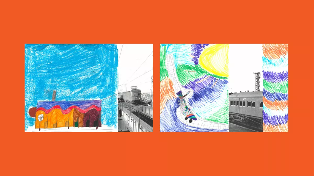 Sections of photos of trains, with the rest of the image drawn by children.