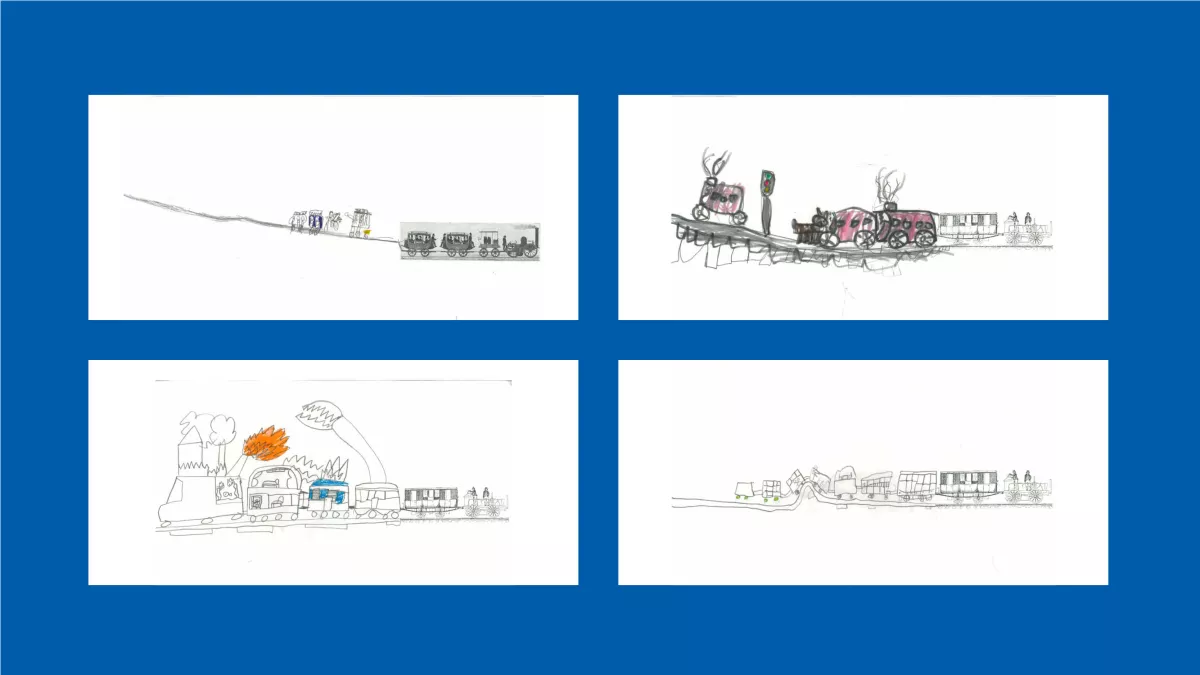 4 drawings of trains, done by children.