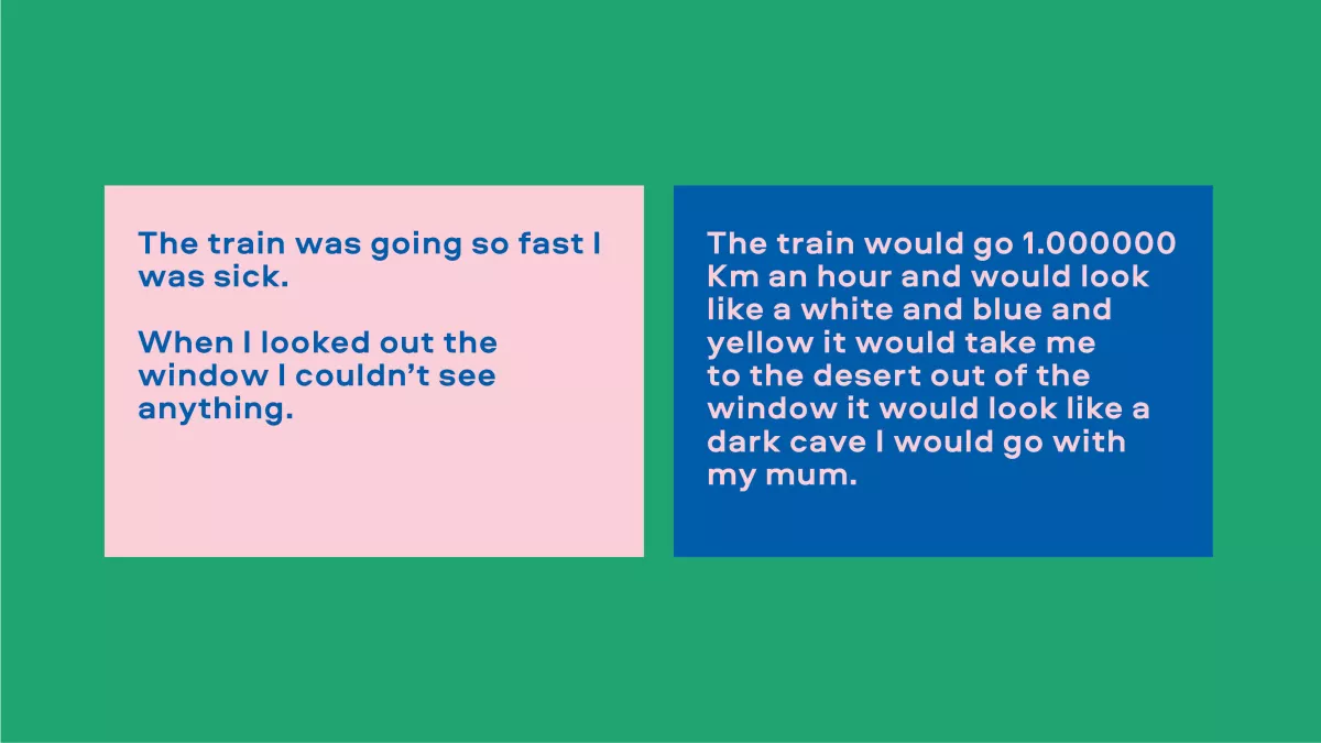 Image of text. Left reads "The train was going so fast I was sick. When I looked out the window I couldn't see anything." Right reads "The train would go 1,000,000km an hour and would look like a while and blue and yellow. It would take me to the desert. Out of the window it would look like a dark cave. I would go with my mum."