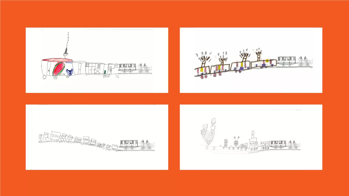 4 drawings of trains, done by children.