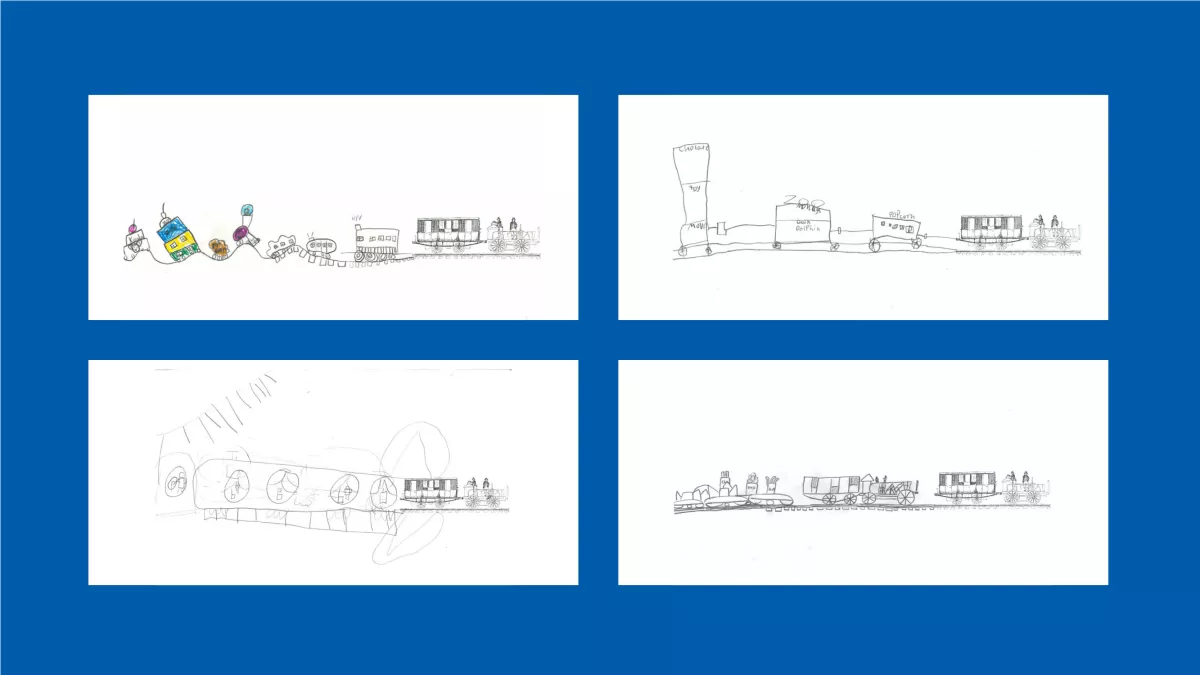 4 drawings of trains, done by children.