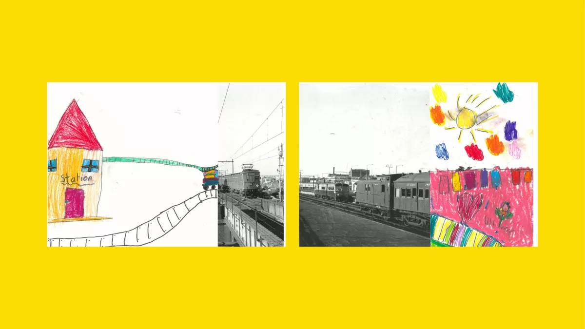Sections of photos of trains, with the rest of the image drawn by children.