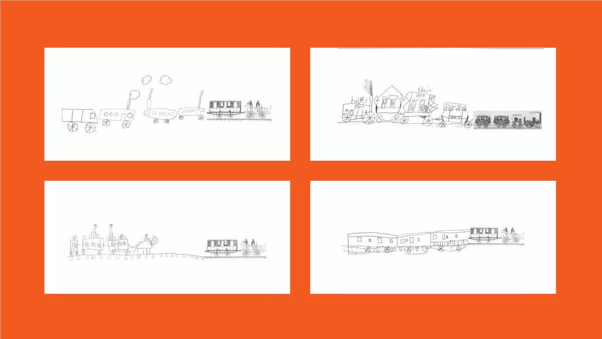 4 drawings of trains, done by children.