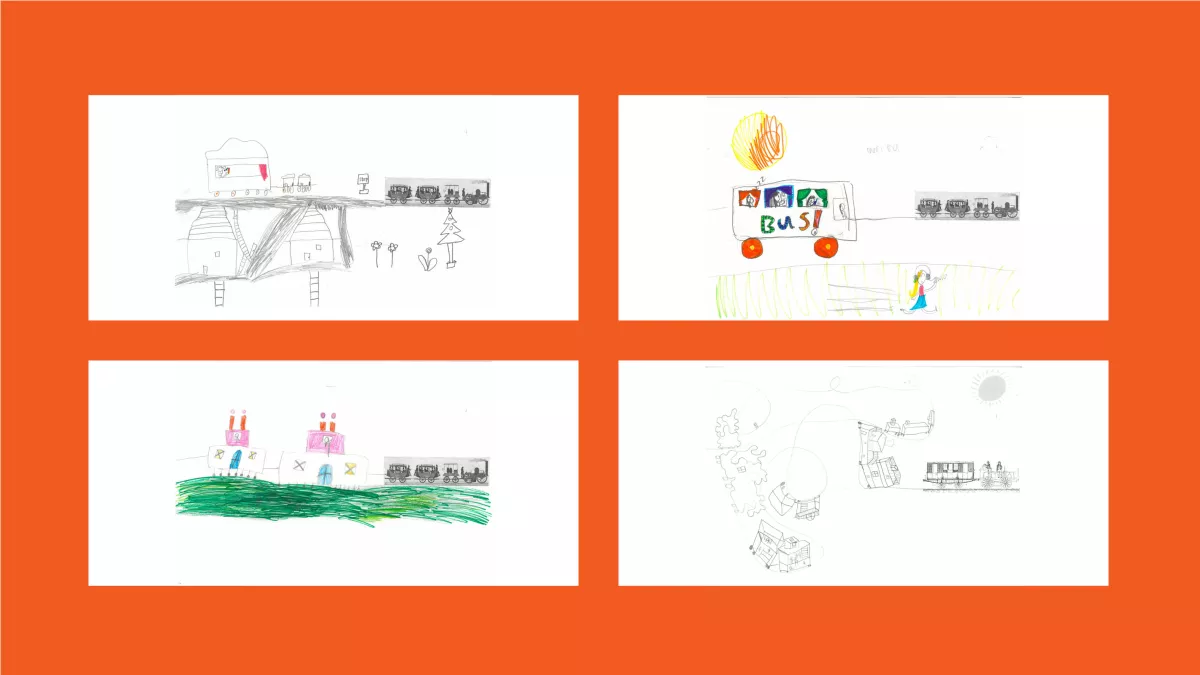 4 drawings of trains, drawn by children.