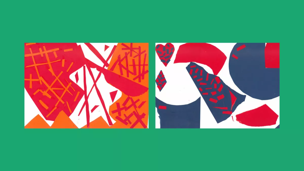 Two abstract paper collages, made from geometric shapes. The collage on the left is in red and orange, the one on the right is red and blue.