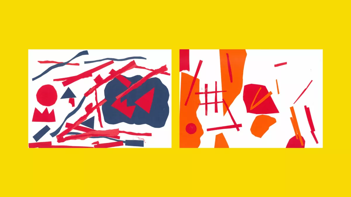 Two abstract paper collages made with geometric shapes.