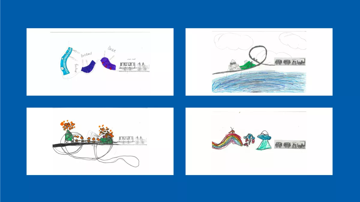 4 drawings of trains, done by children.
