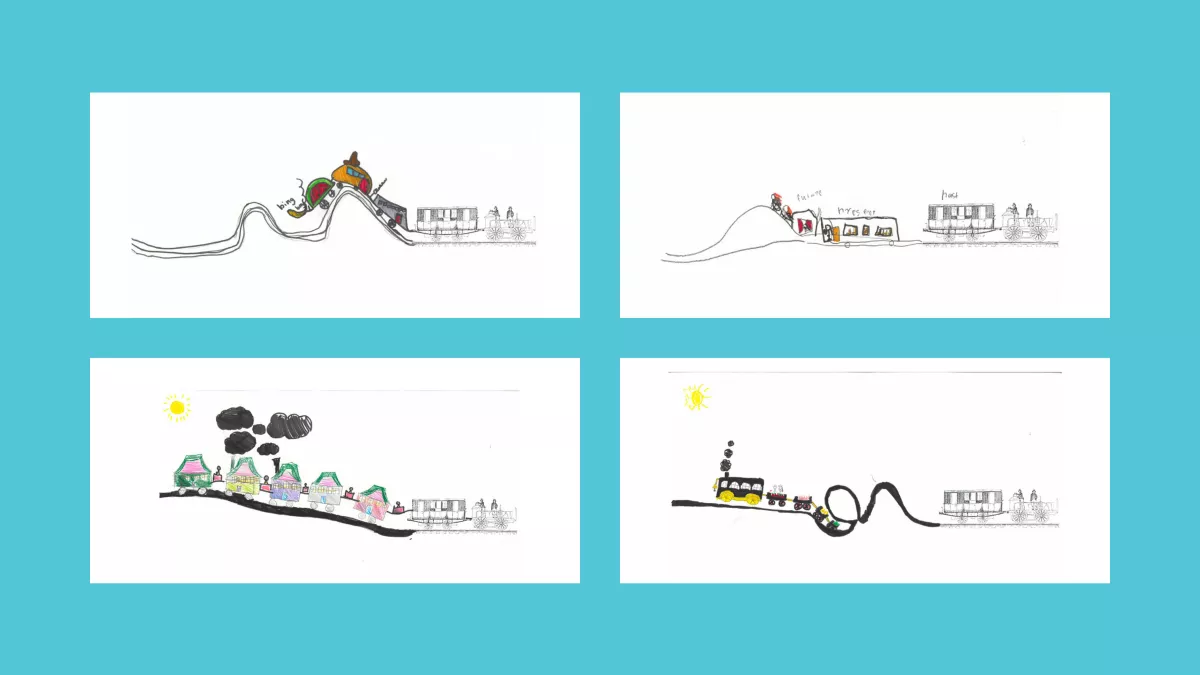 4 drawings of trains, done by children. Thy are all on curly, hilly train tracks.