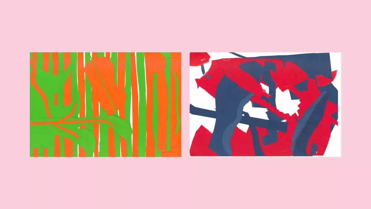 Two abstract paper collages, made with orange and green, and red and blue geometric shapes.