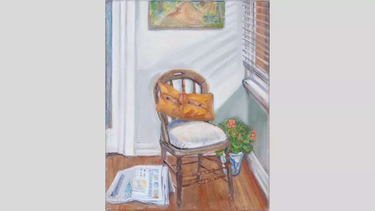 Amanda Lazar, ‘Chair with newspaper’, 2020, oil on canvas, 35 x 25cm, image courtesy of the artist. Sale price: $600.