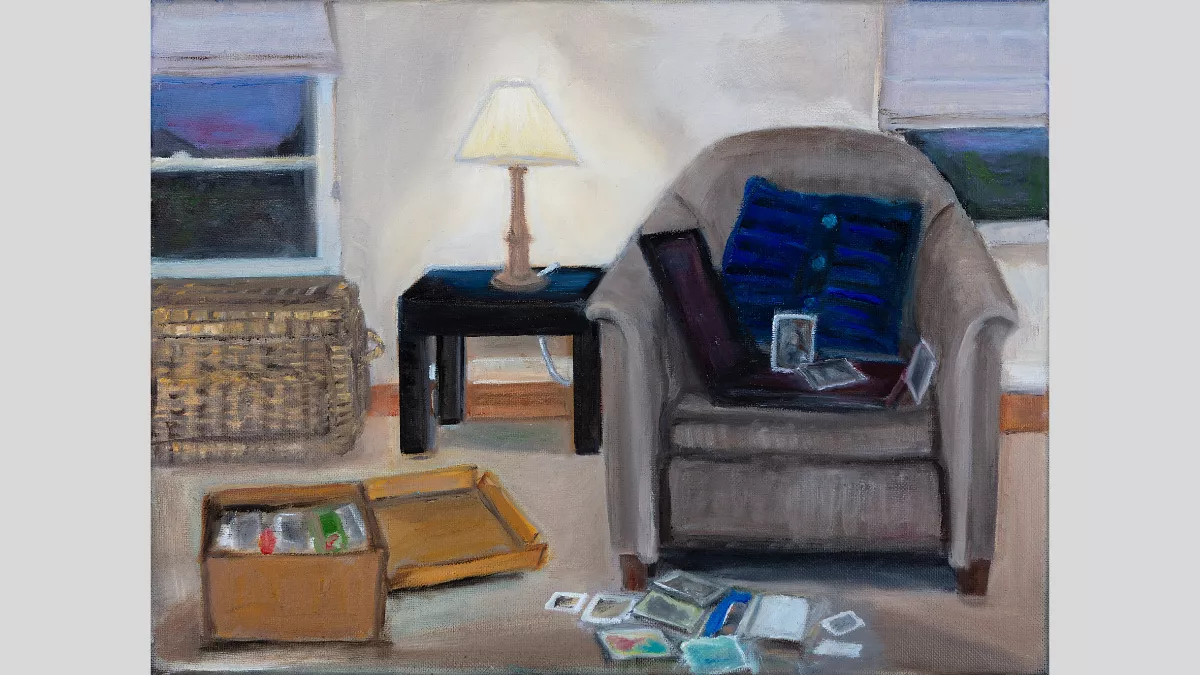 Amanda Lazar, ‘Sorting family photos’, 2020, oil on canvas, 30 x 40cm, image courtesy of the artist. Sale price: $500.