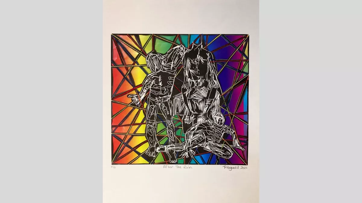 Three figures slouched against each other. The background has cris-crossing lines over a rainbow gradient.ow