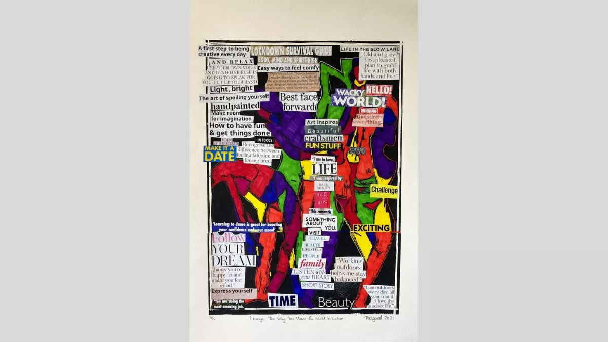 Brightly coloured figures, overlayed with collaged text such as "Art inspires beautiful craftsmen fun stuff", and "hello! Wacky world. Running. Question everything".