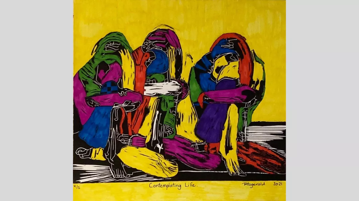 Lino print of three crouched figures huddled together on the ground.