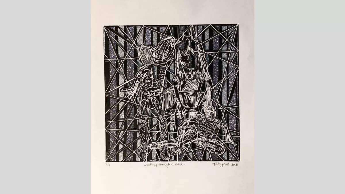 Three figures slouched against each other, on a dark, mottled, striped background.