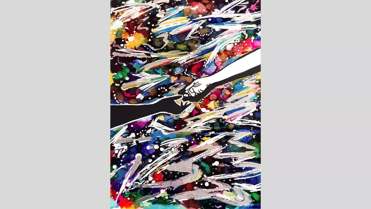 On a background of swirling, merging, sweeping colours and lines, hands reach from either side of the artwork, reaching towards each other.