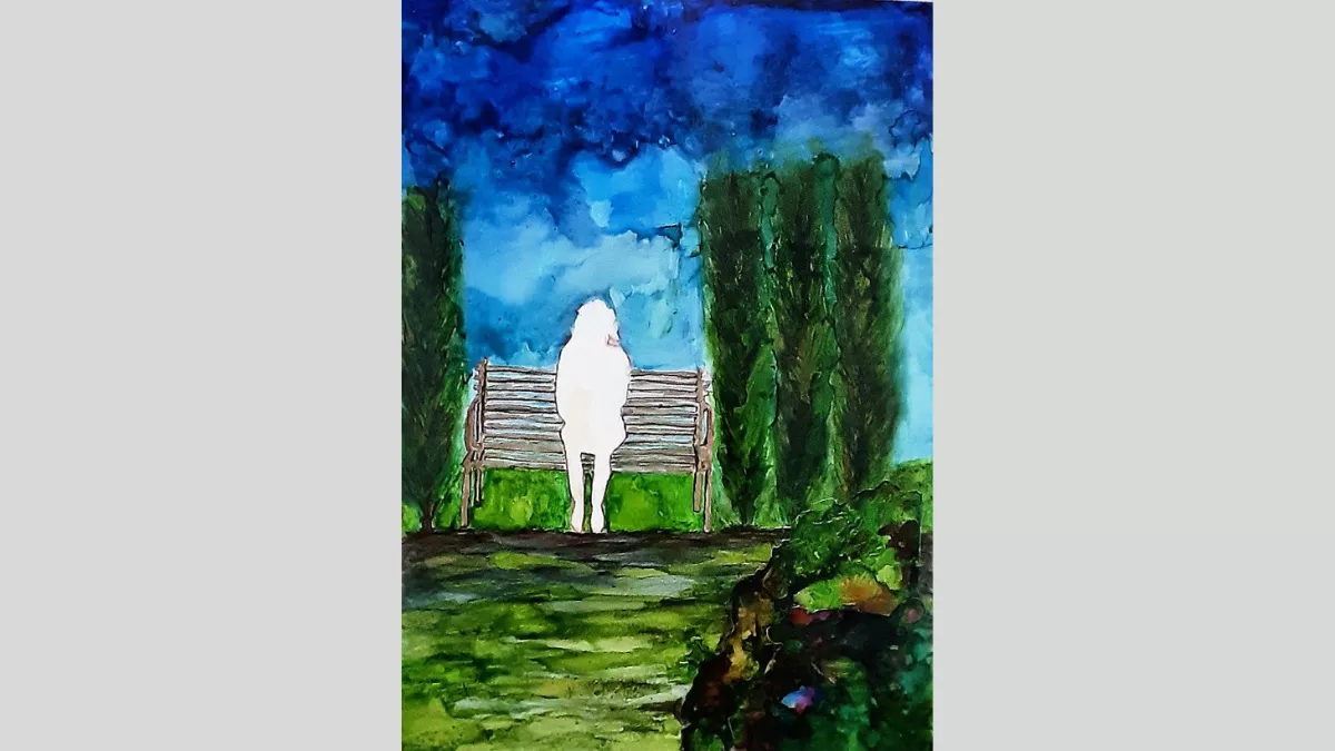 painted image of a white silhouette of a figure sitting on a bench in a garden.