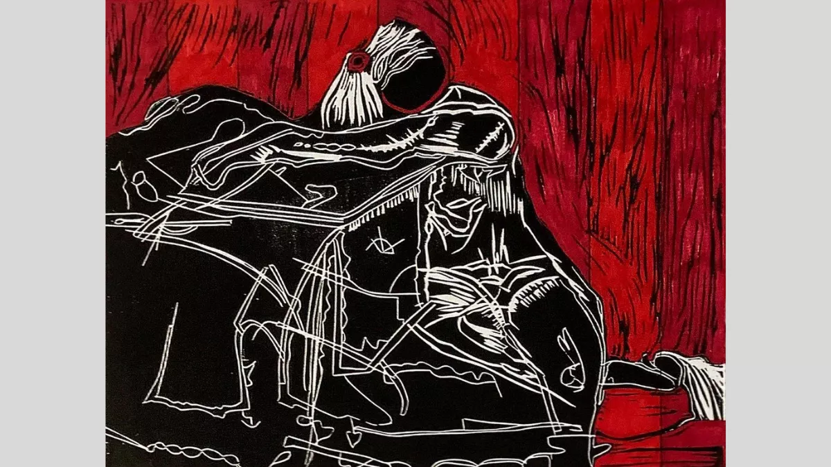 A lino print in red, black and white of an abstracted seated figure. 