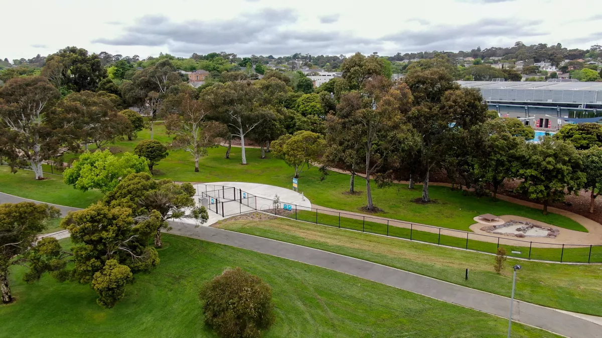Aerial view of Gordon Barnard Reserve fenced dog play area