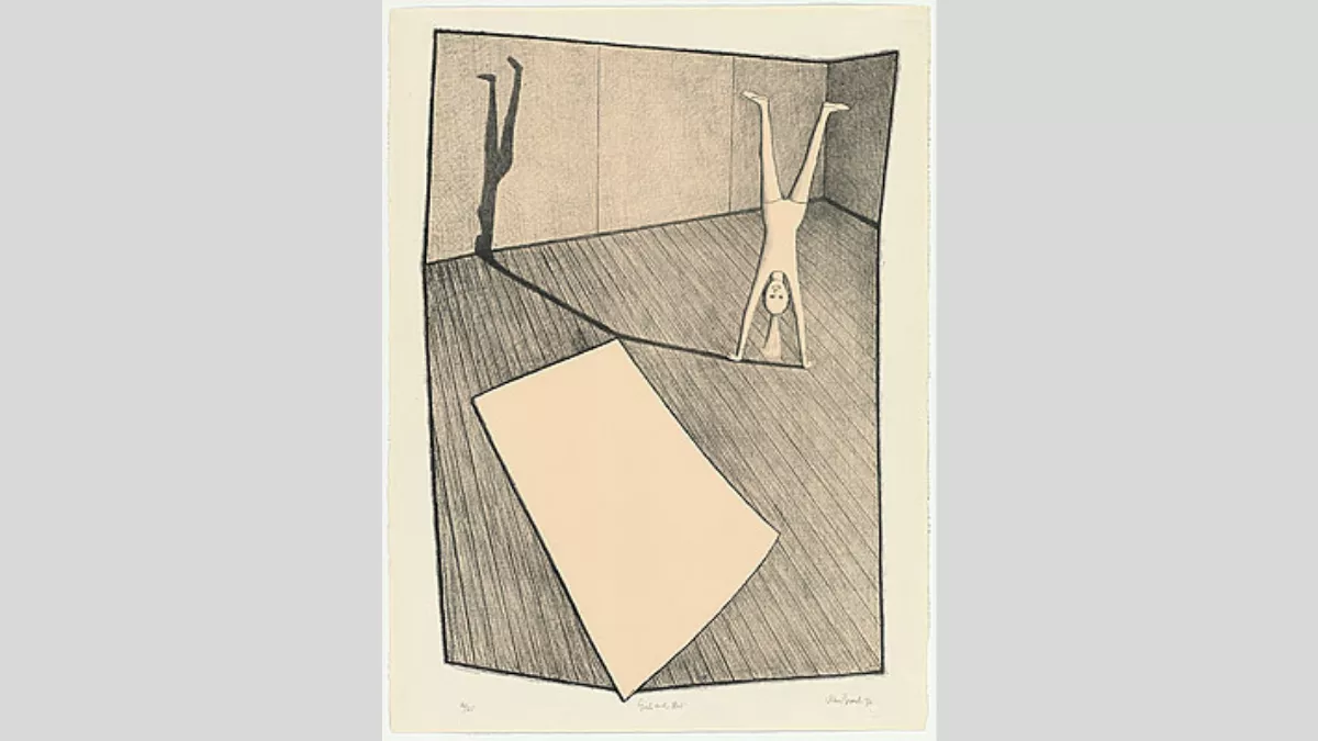 Person doing a handstand, and a sheet spread across the floor.