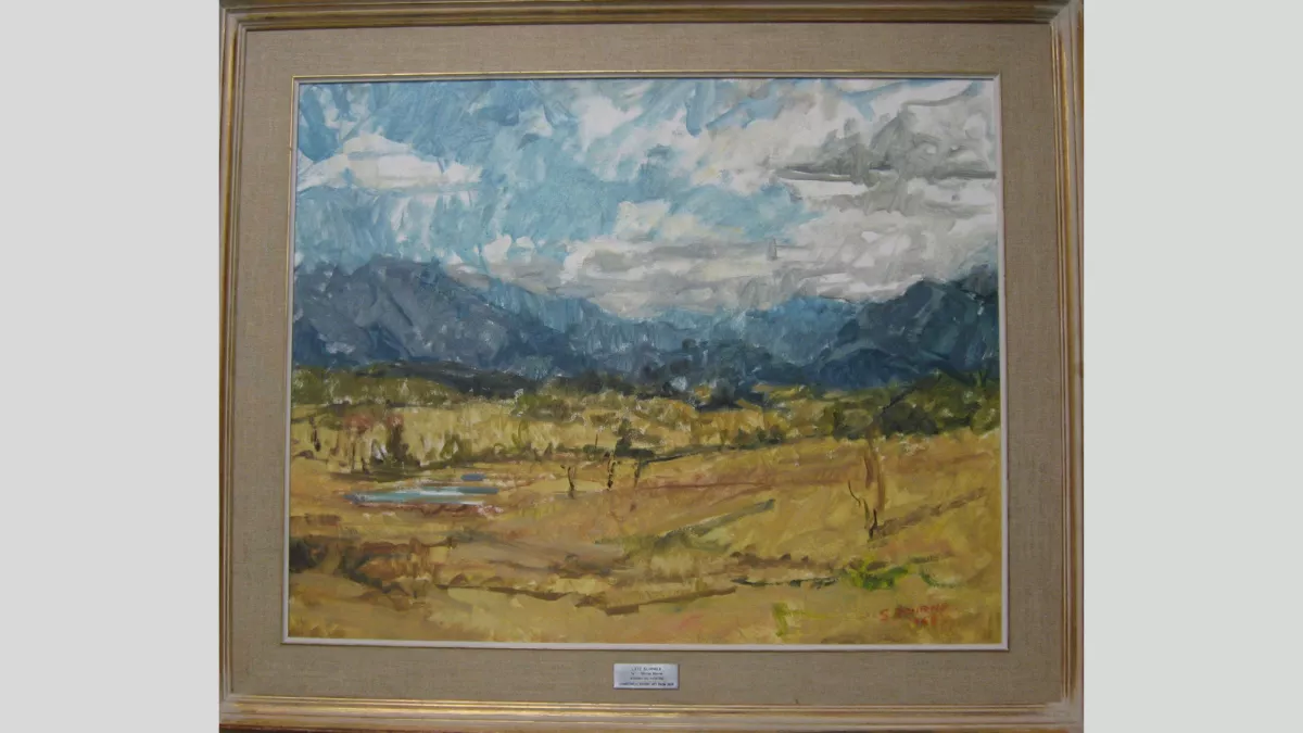 View over fields with mountains in the background. 