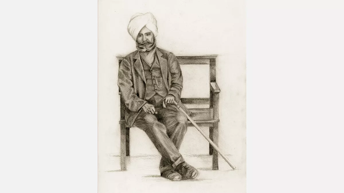An Indian hawker with a walking stick resting in a chair 