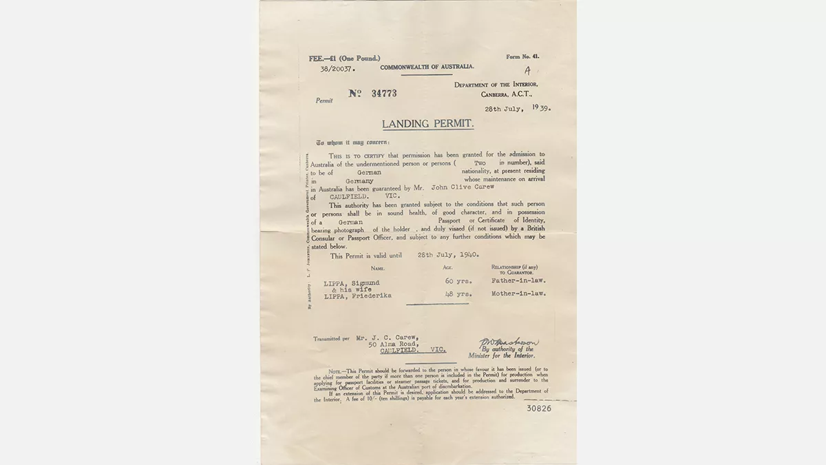 a commonwealth of australia landing permit, granting access to a couple to australia with the guarantee of their son-in-law