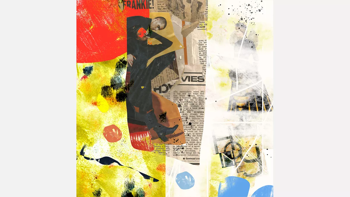 Abstract shapes, the word "honey" in the bottom right corner, a newspaper clipping in the centre overlaid with a magazine cutout of two people