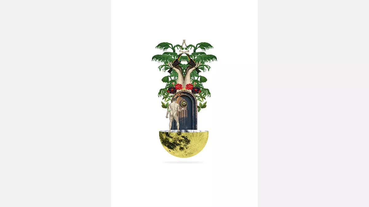 a half moon at the base, a naked male figure is reacking for a door, above the door are plants and a set of hands holding hummingbirds