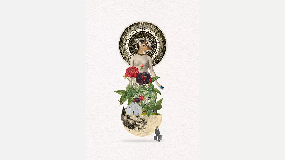 A man carrying suitcases walking away from a half moon, on the half moon there is a house and plants growing, a naked female form with a deer head looms above it all