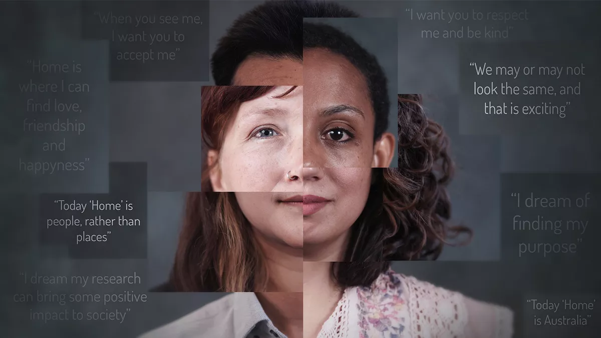 A video still with a collage of women's faces, surrounded by quotes about home and respect