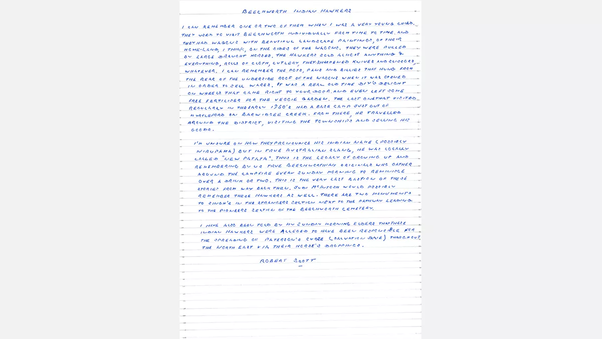 a handwritten letter by Robert Scott about his memories of Indian hawkers in beechworth