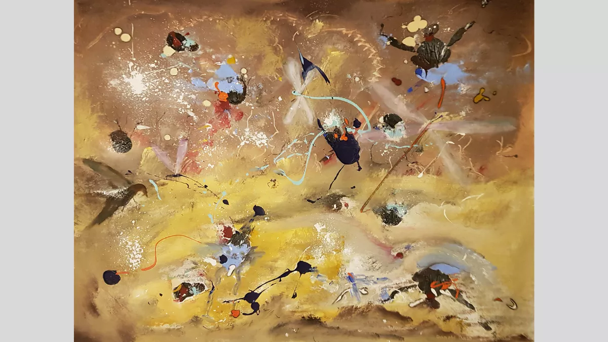 Brown and yellow painted canvas with splatters and dribbles of paint, some are vaguely bird shaped