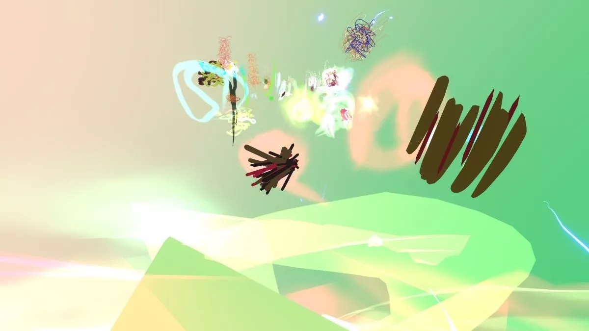 abstracted shapes over-laid with scribbled lines