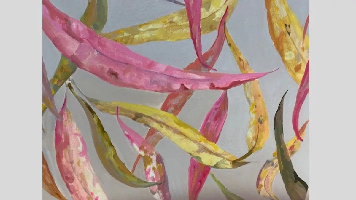 Gum leaves painted on a canvas in varied pink and green colours with a grey background
