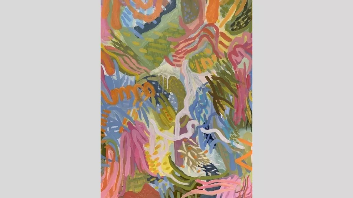 Abstract shapes and lines painted in a variety of pinks, yellows, greens and blues to overlap and look like movement