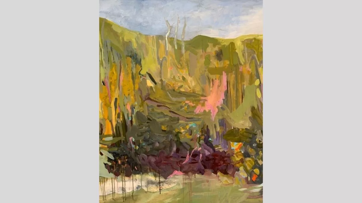 An abstract painting of a landscape with the greens of the land and foliage blending together