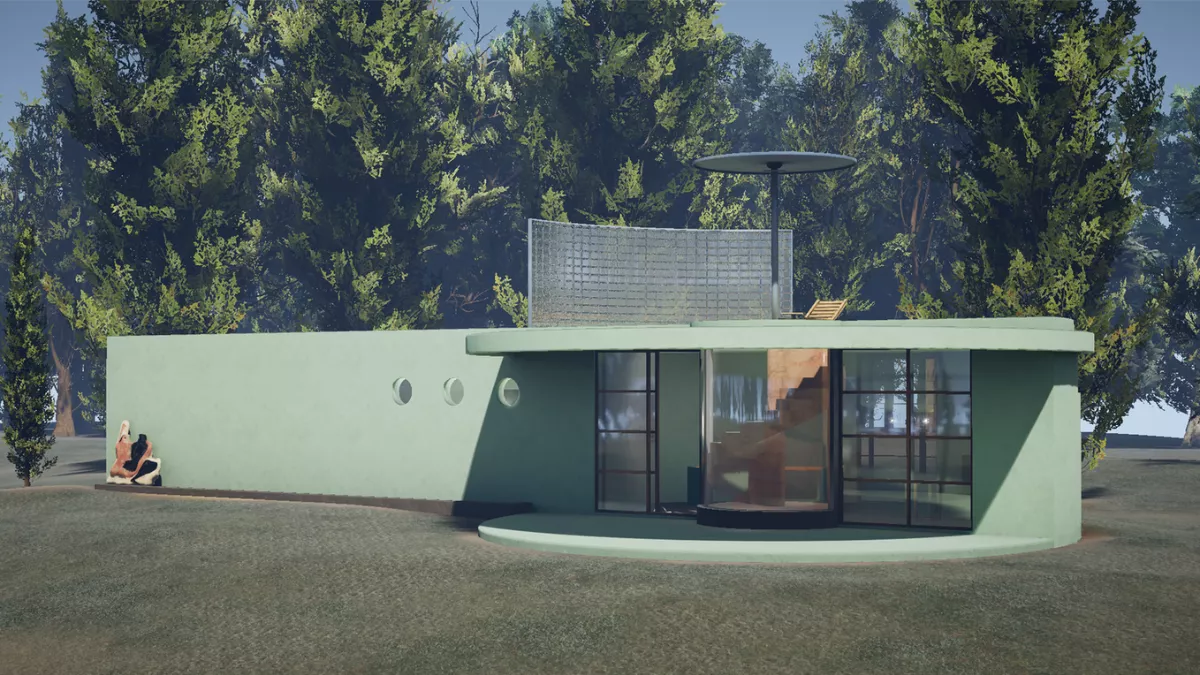 A computer generated image of a green house in a modern design with class windows and a second level with a small umbrella over a deckchair