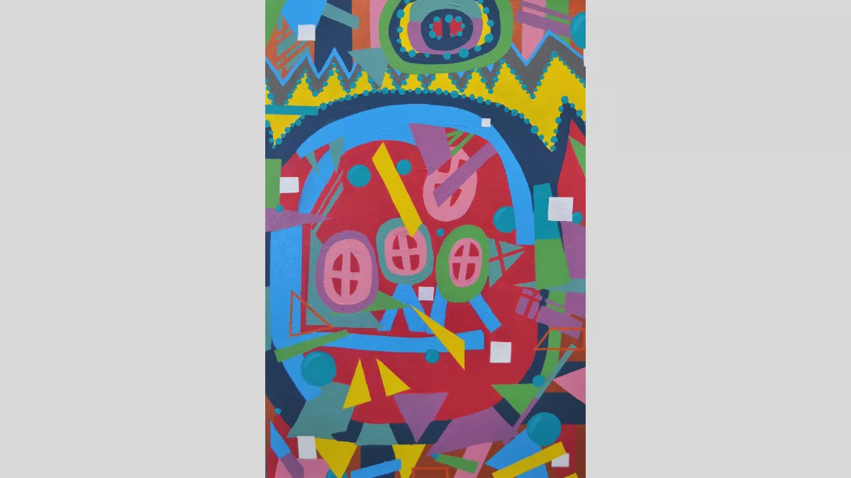 Paint artwork depicting abstract selection of triangles, squares and circles, in shades of red, blue, yellow and green.