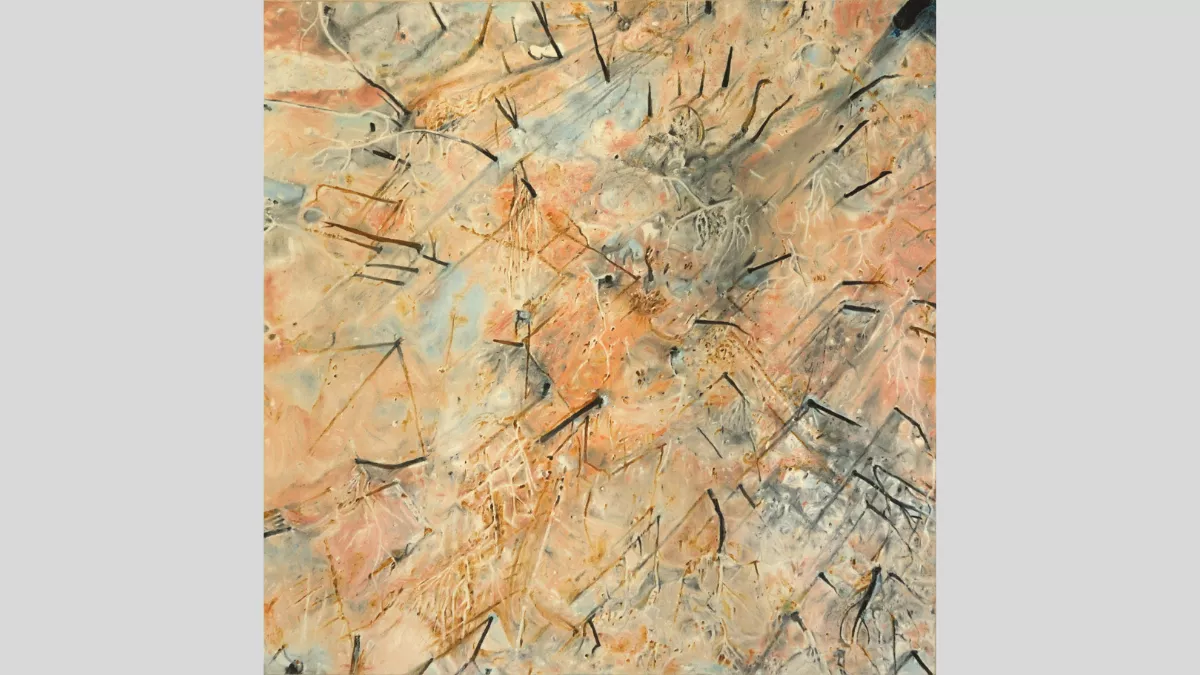 An artworklooking down on a desert looking scene from a birds-eye view, that is scattered with the charred stumps of trees