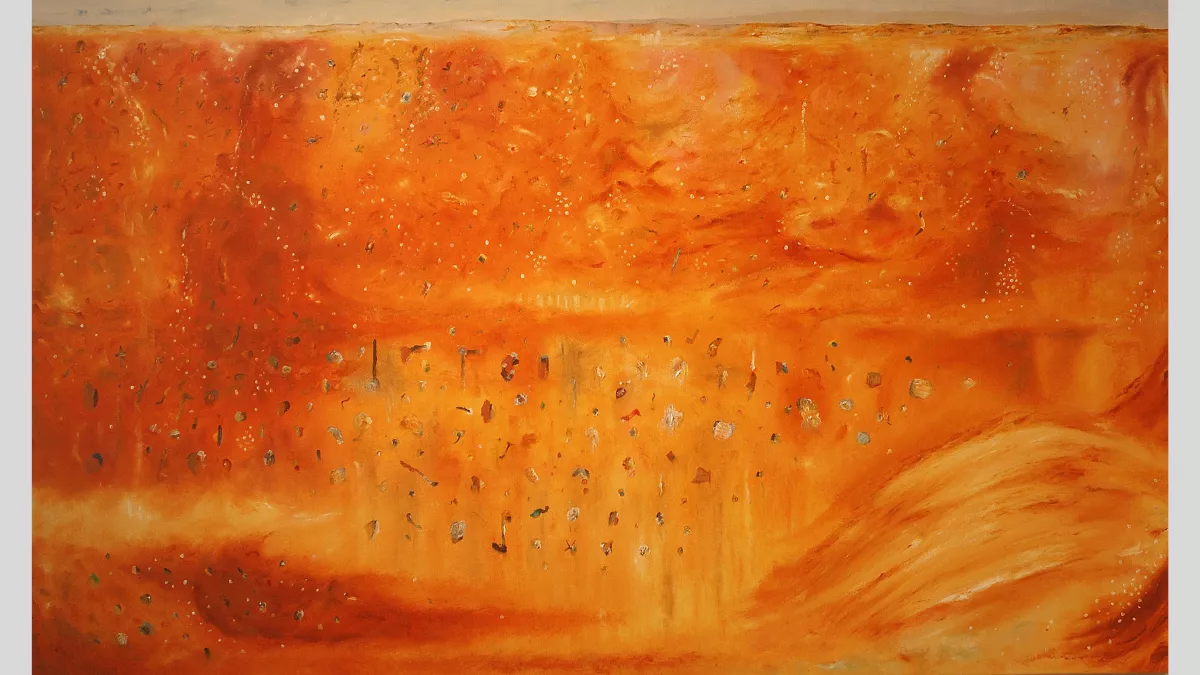 An artwork looking down on a desert from a high distance, so that the small items covering the desert surface are very small and unrecognisable