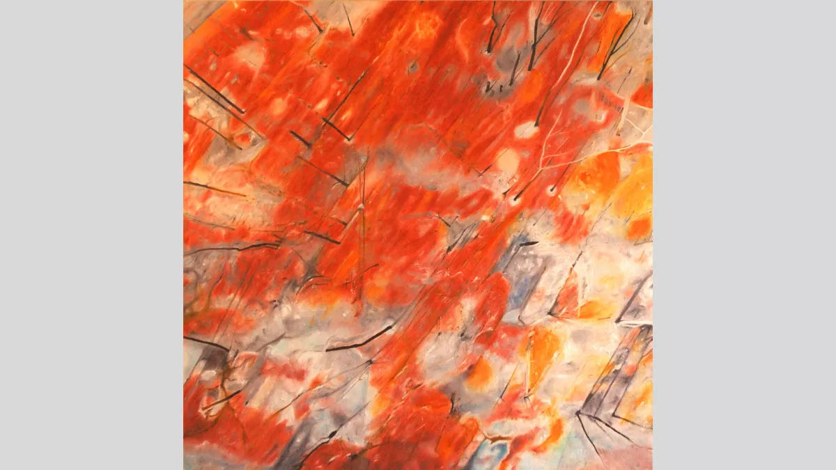 An artwork looking down on a desert looking scene from a birds-eye view, that is scattered with the charred stumps of trees