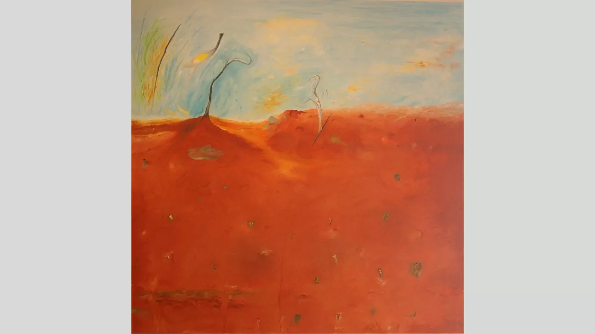 An artwork showing above and below the red dirt, with small dry plants growing above the ground and small roack and marks in the earth below