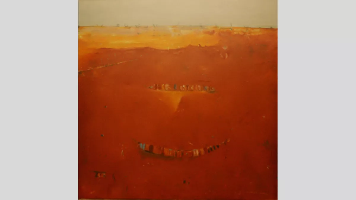 An artwork of a desert landscape with two rows of colourful squares running across the middle distance of the image
