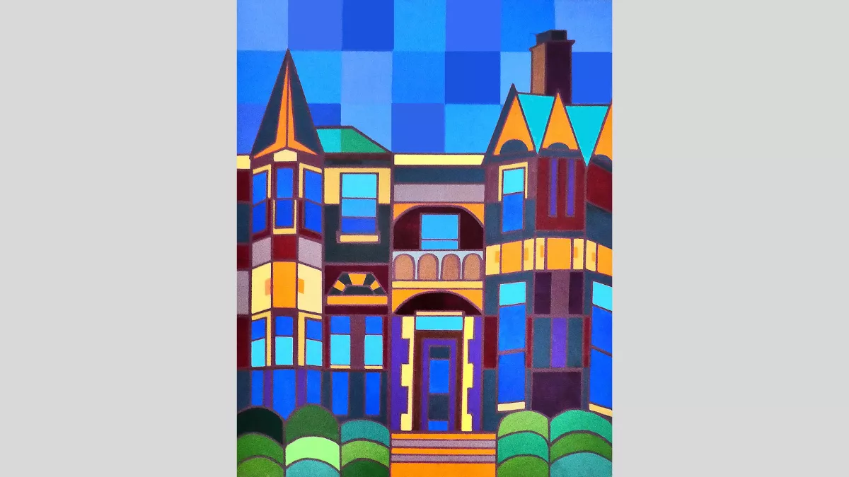 An artwork featuring geometric shapes that depict an old two story housefront with tall windows in the brick walls and showing the entrance