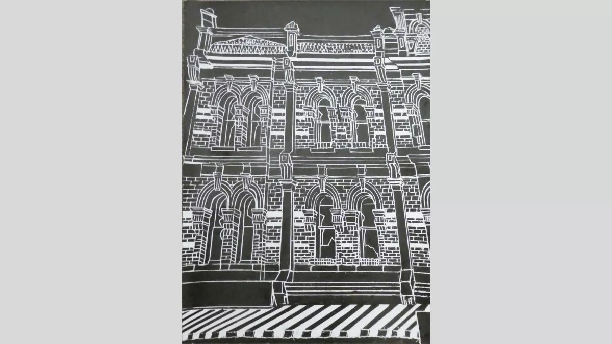A white outline of the top two levels of a shopfront above the ground floor showing a brick facade with recessed windows