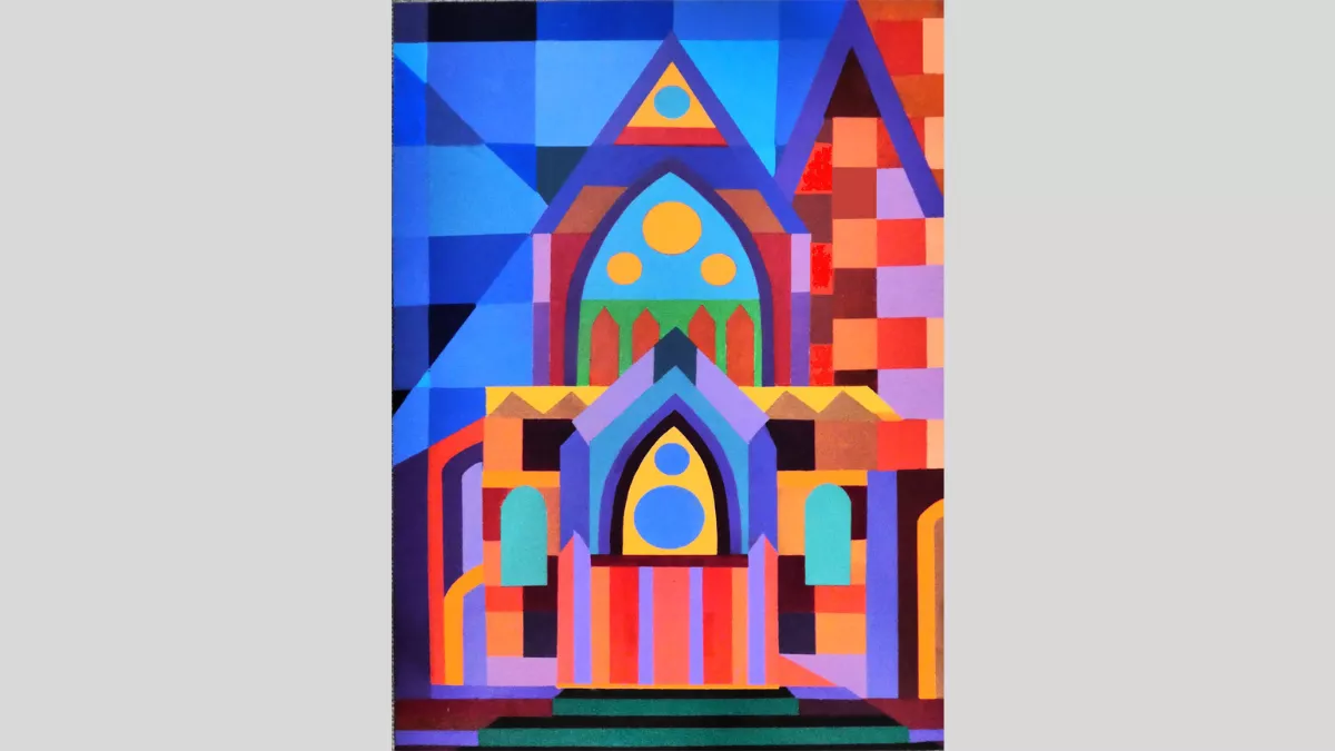 An artwork featuring geometric shapes in bright colours that depict the front of a church