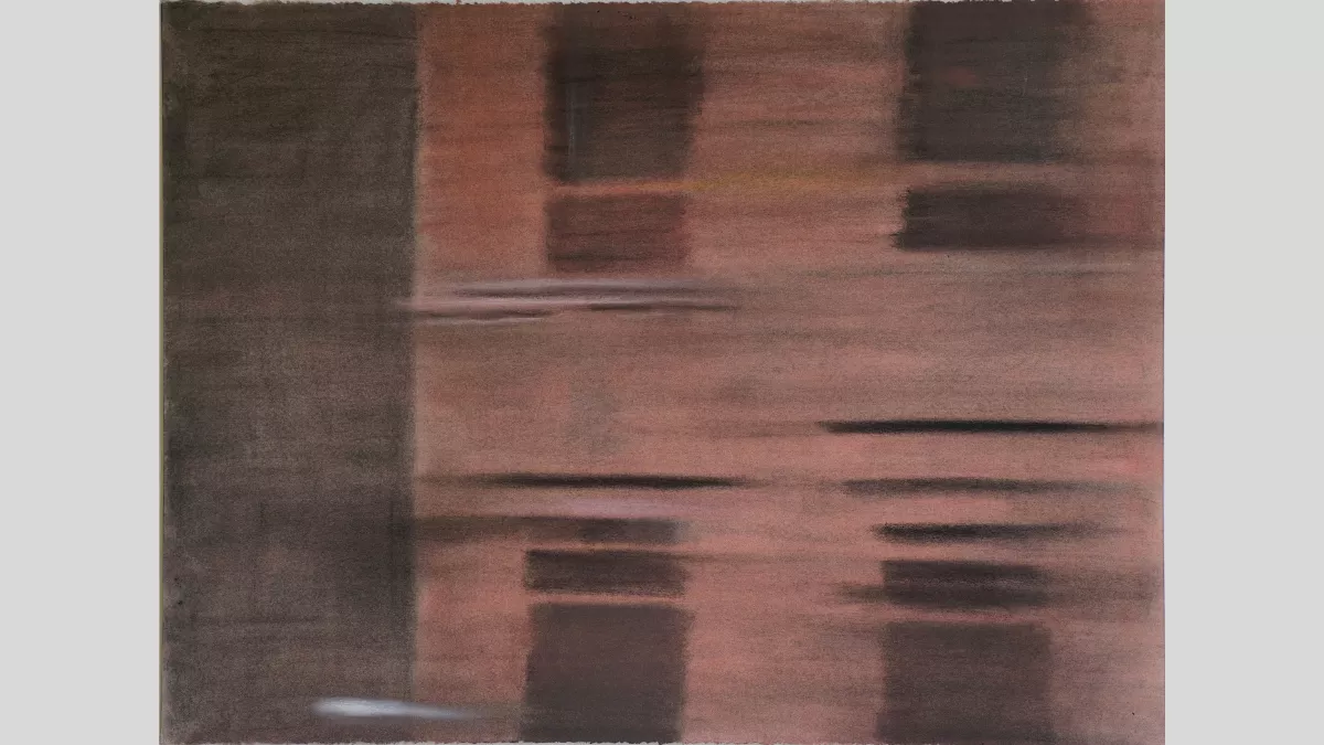 A hazy artwork of a red multistory building showing two floors